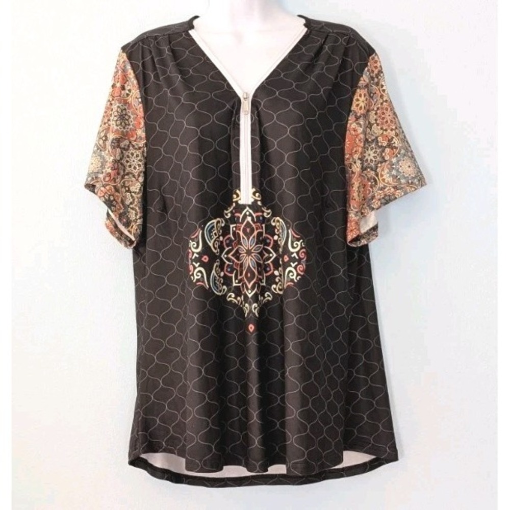 Pixie Lady Boho Top Women's 1X Short Sleeve Dark Brown Earth Tones Zip Front NEW